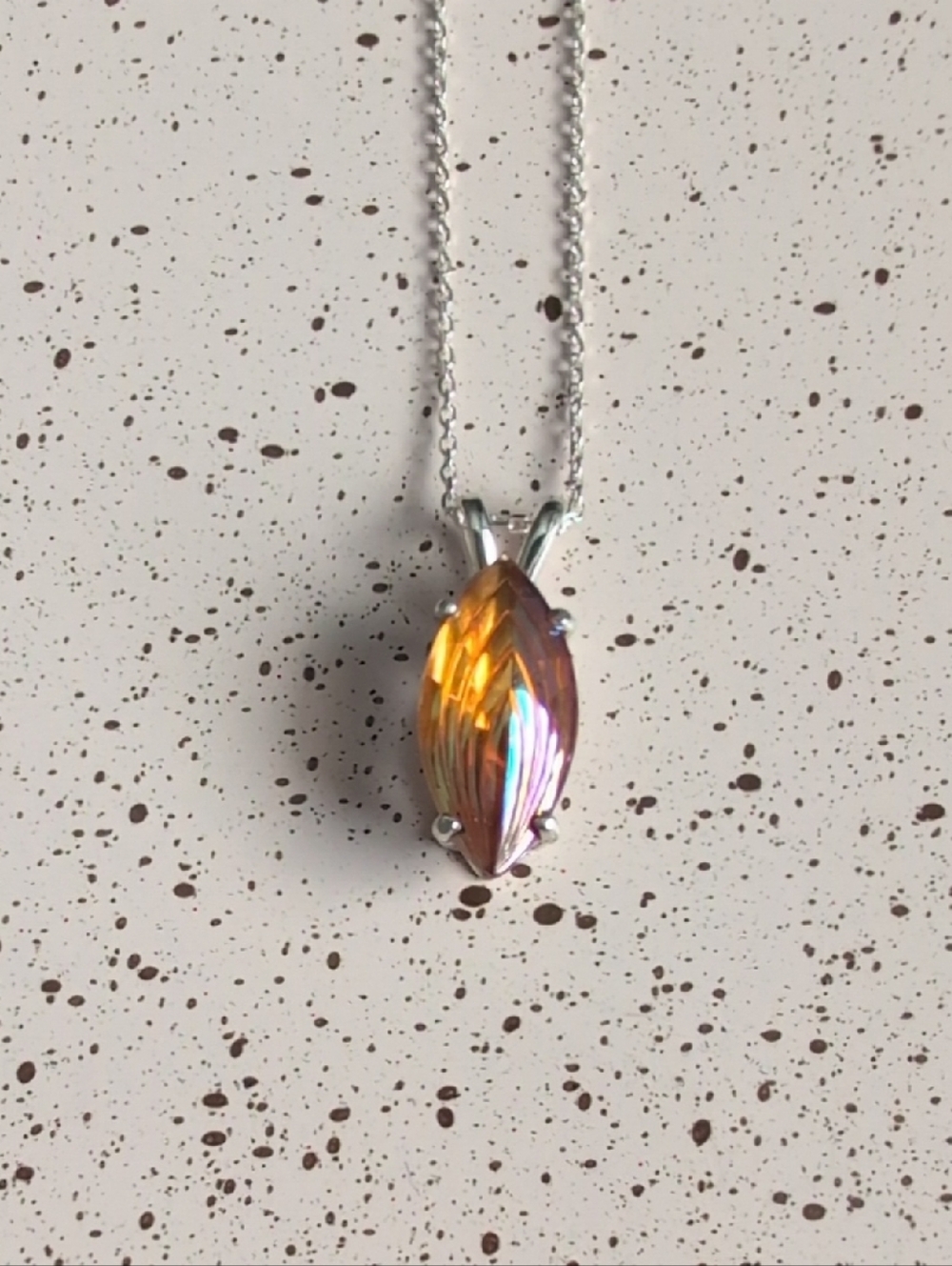 Vintage 1970s Pressed Glass Aurora Borealis Sterling Silver Pendant Necklace